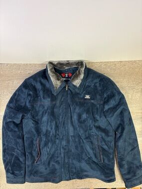 Emporio & Co Italian Faux Suede Jacket Faux Shearling Collar Blue XL Luxury Coat